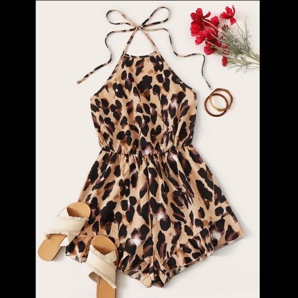 Leopard Print Halter Tieback Romper